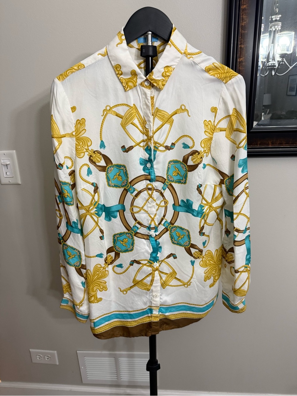 J. McLaughlin White Button-Down with Teal & Gold Baroque Print
